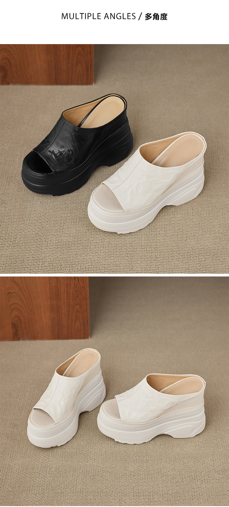 Dép sandal nữ quai chữ V đế xuồng cao gót ẩn, mũi hở, da PU chống nước — màu đen, màu trắng ngà chi tiết 12