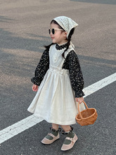 2023秋装女童复古森系棉麻碎花衬衣+蕾丝花边背带裙两件套分开拍