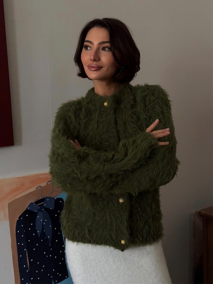 Áo cardigan len dệt kim dáng suông cổ tròn tay dài cài nút phong cách Hàn Quốc — Màu nâu, Xanh quân đội, màu hồng, Đỏ (Còn hàng) chi tiết 47