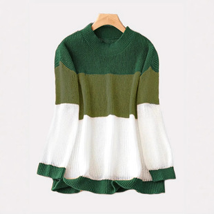 European and American Amazon Autumn and Winter Vintage Loose Round Neck Color Contrast All-match Color Matching plus size Women's Long Sleeve Sweater