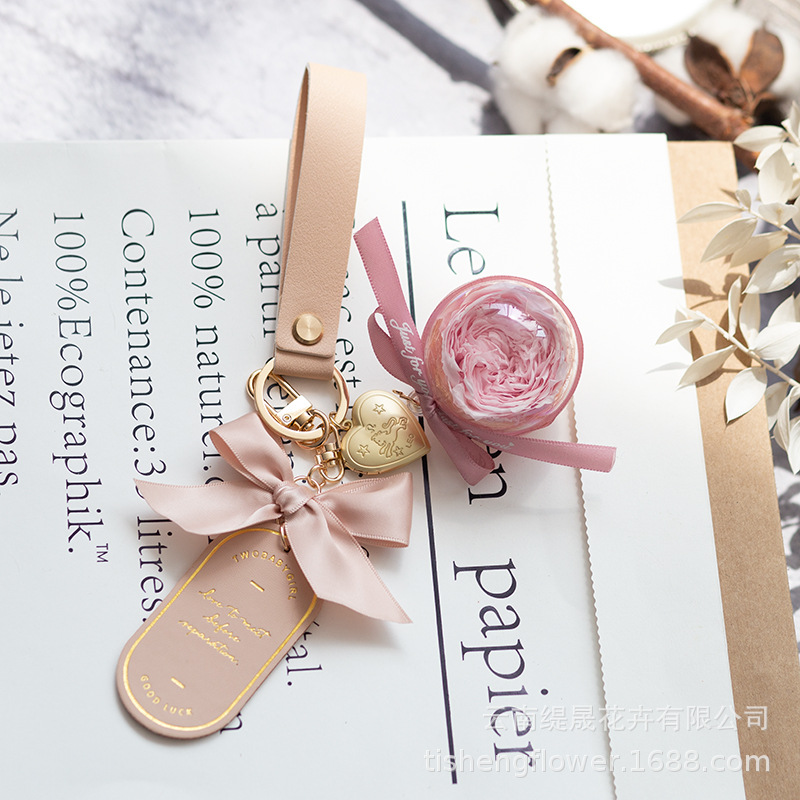 Cruz-frontera Amazon eterna flor llavero terminado Austin Rosa caja de regalo bolsa colgante de cuero marcador colgante