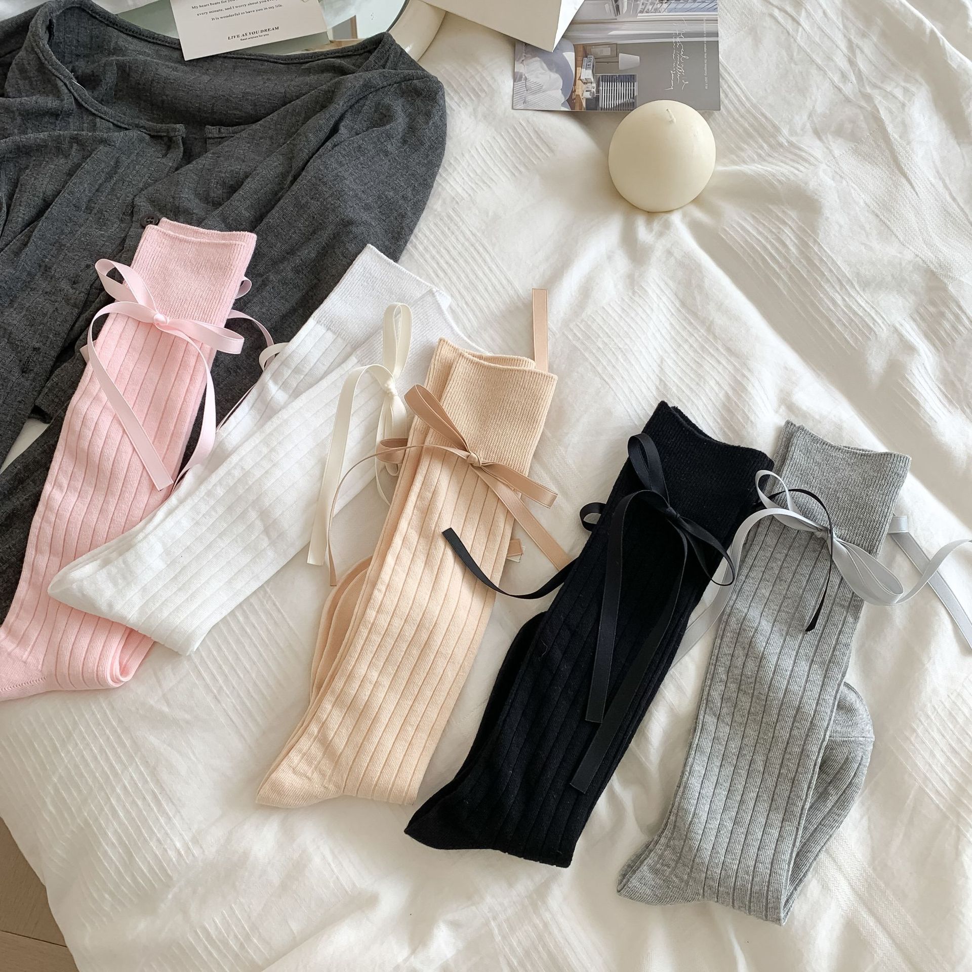 JK lange bein kinder handgemachte accessoires bogen und weiß einfache hohe rohr unabhängige verpackung waden socken kinder_voghion.com