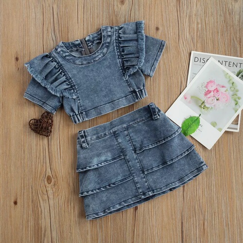 Cross-border European and American children's skirt suit  spring and summer new denim short-sleeved ruffle top and skirt two-piece trendy set