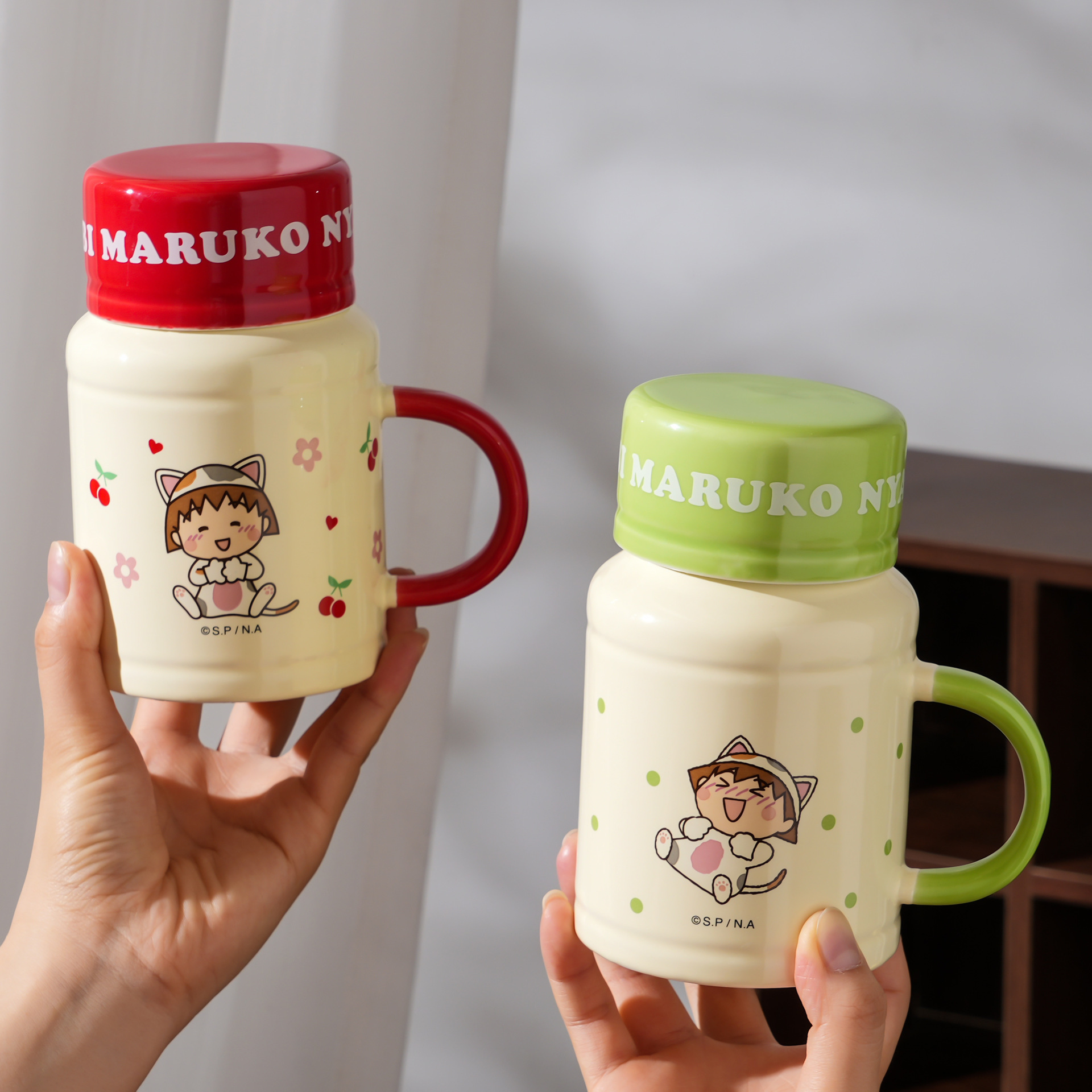 Cherry Maruko Taza de cerámica genuina Café Cute Girl Heart Taza de agua para niños Taza de oficina para el hogar