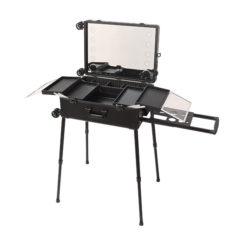 Estuche de cosméticos Trolley profesional con luz LED de 22 pulgadas y 24 pulgadas Estuche de herramientas de almacenamiento de soporte oculto para maquillador