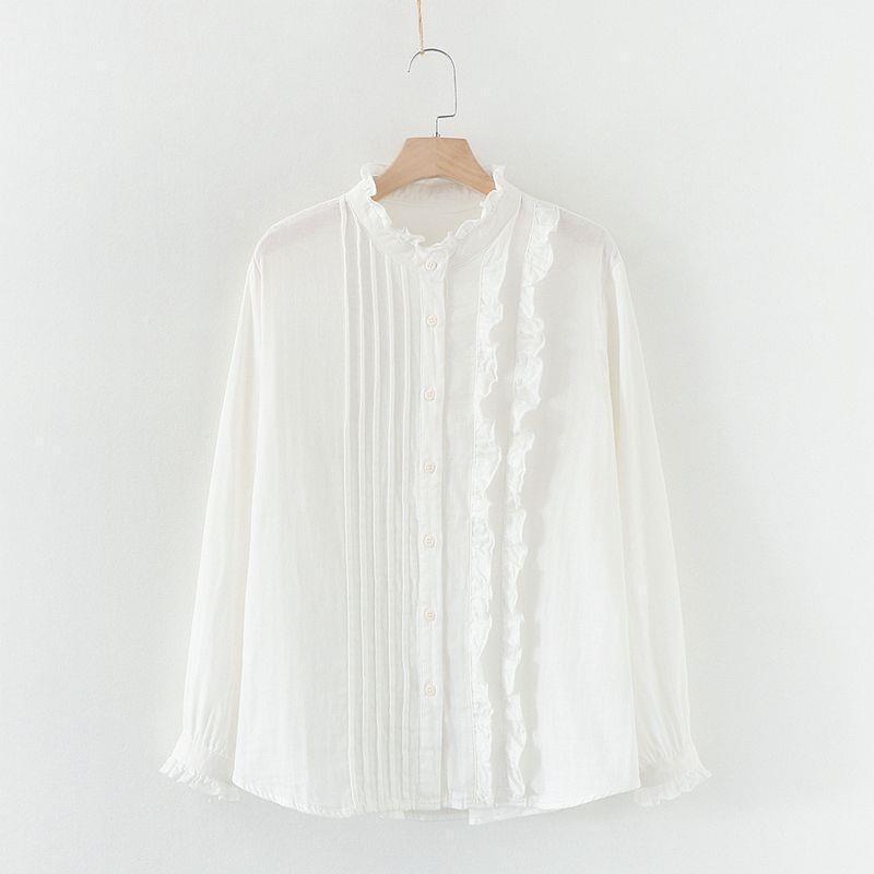 Japanese Original Single-Sided Artistic Stand-Collar Double-Layer Cotton Gauze Shirt for Women, Long-Sleeve Pure Cotton Shirt, Loose Fit, Slimming, Versatile