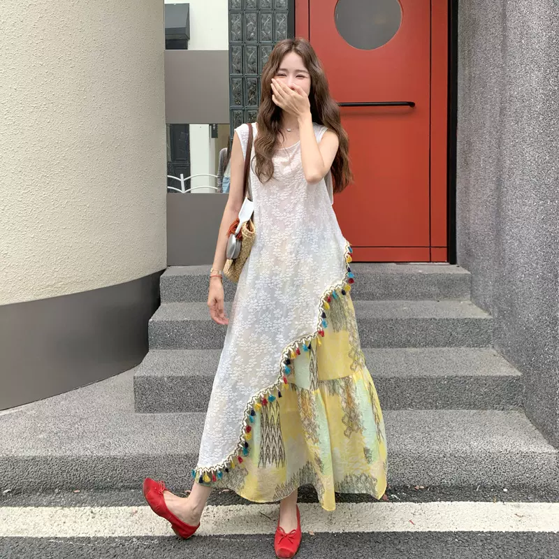 度假风不规则流苏蕾丝背心套装裙女夏季2025新款碎花半身裙两件套