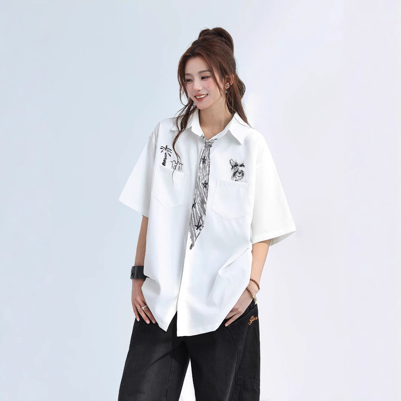 Lazy Style Cute Puppy Graffiti Short-Sleeved Shirt for Women 2025 Summer New Loose Niche Childlike Shirt Jacket