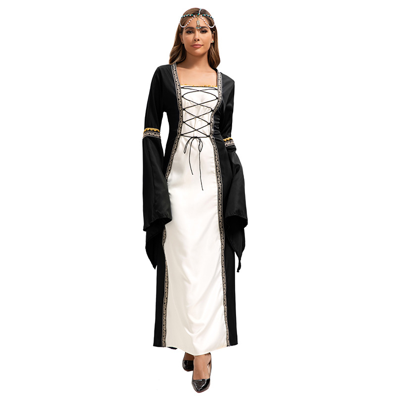 2025 European And American Style Square Neck Flared Sleeve Long Dress Gothic Retro Women's Clothing Medieval Court Gown_voghion.com