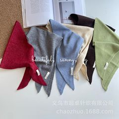 日系纯色秋冬小围巾儿童布标针织三角巾小披肩