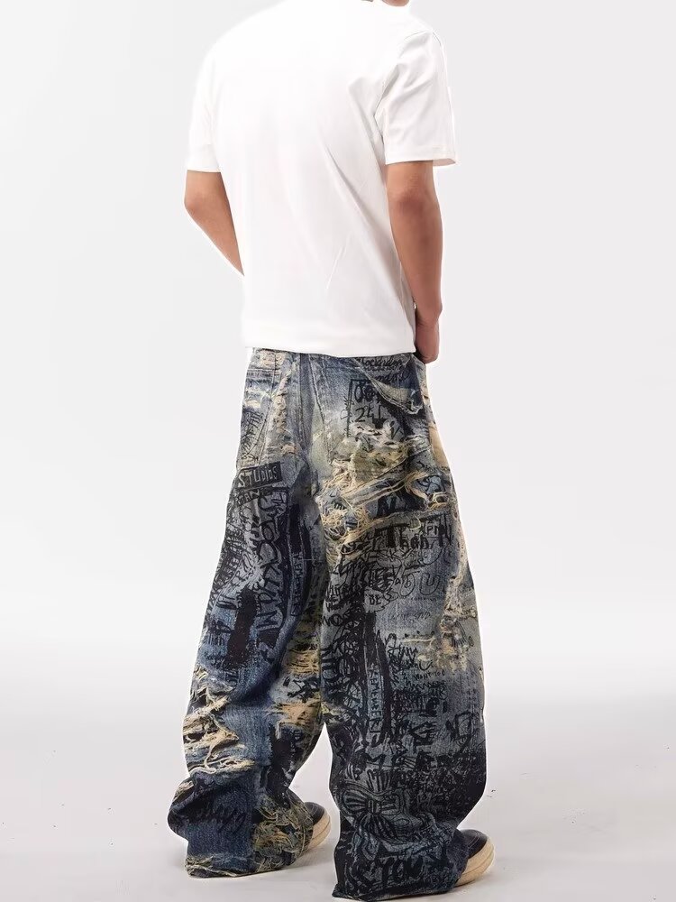Herren Graffiti Destroyed Jeans Gerade Lockerer Streetstyle_voghion.com