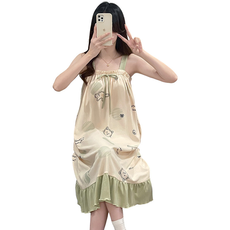 女性用夏パジャマ、胸パッド付きサスペンダースカート、ノースリーブ、ブラジャーなし、ホーム服、学生女の子、甘くてかわいい、薄い|undefined