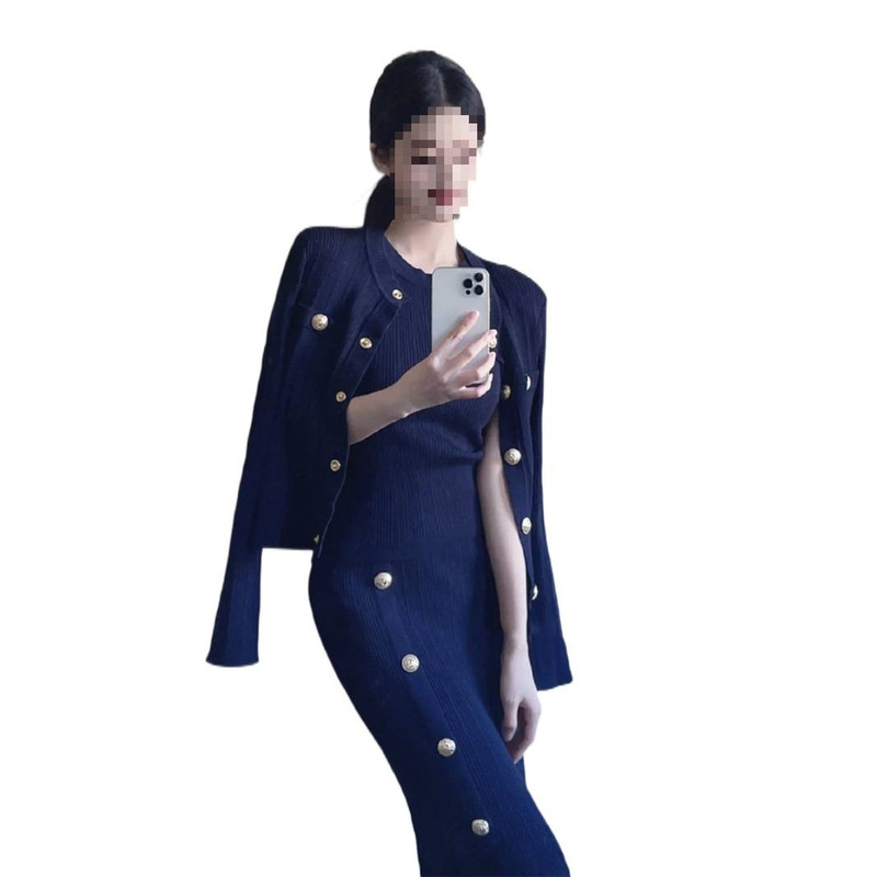 法式高级感小香风套装女气质名媛御姐风针织开衫包臀连衣裙两件套|undefined
