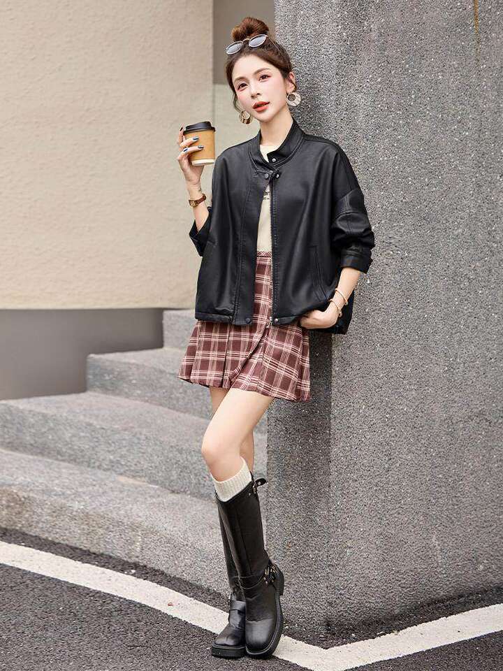 Áo khoác da nữ dáng ngắn cổ lật phong cách công sở — Trang chủ, đen chi tiết 6