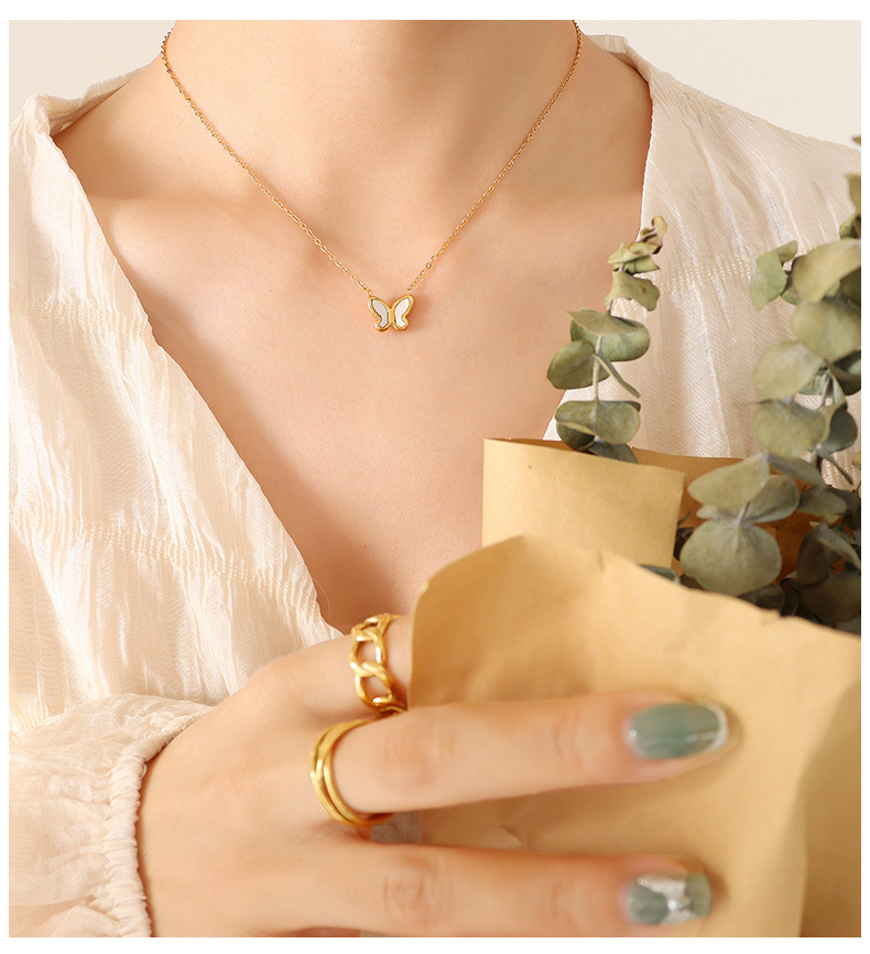 fashion simple butterfly inlaid shell titanium steel necklace earrings