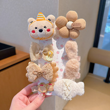 新款秋冬小女孩浅咖色毛绒发饰套装儿童小熊花朵可爱刘海侧边BB夹