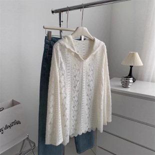 High-grade Heavy Industry Crochet Lace Hollow Hooded Base Shirt Women's Spring 2025 Korean-style Mid-length Top
