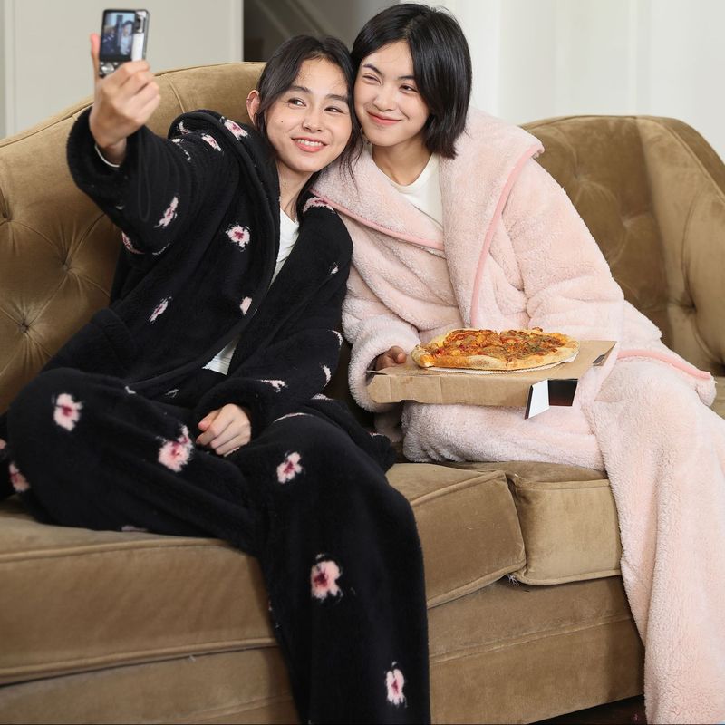 秋冬新款大翻领暖暖绒系带加厚睡袍睡衣舒适柔软保暖家居服套装女|undefined