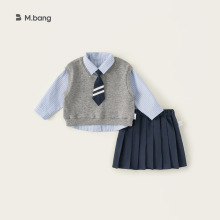 宥宝童装女童春装翻领衬衫纯色马甲百褶裙三件套儿童学院风套装