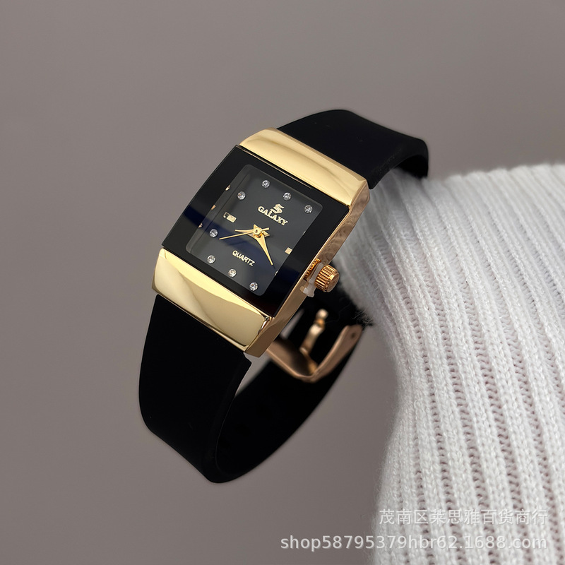 Galaxy Light Luxury Style Gold and Black Square Diamond-Encrusted Quartz Watch for Female Students/Work Commuters Versatile Cross-Border Model Galaxy Light Luxury Style Gold and Black Square Diamond-Encrusted Quartz Watch for Female Students/Work Commuters Versatile Cross-Border Model