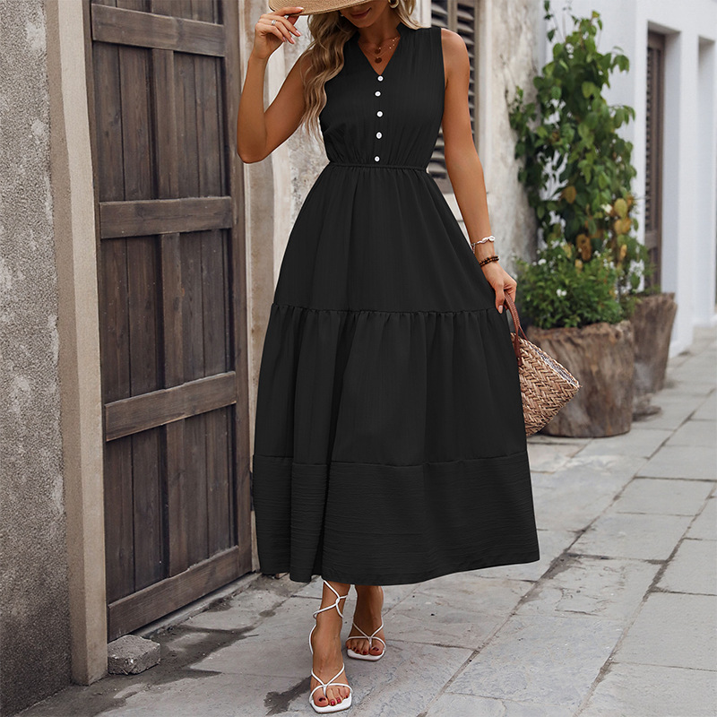 V-Neck Summer A-Line Skirt Women's Solid Color Sleeveless Stand-Up Collar Dress_ecoleips.com