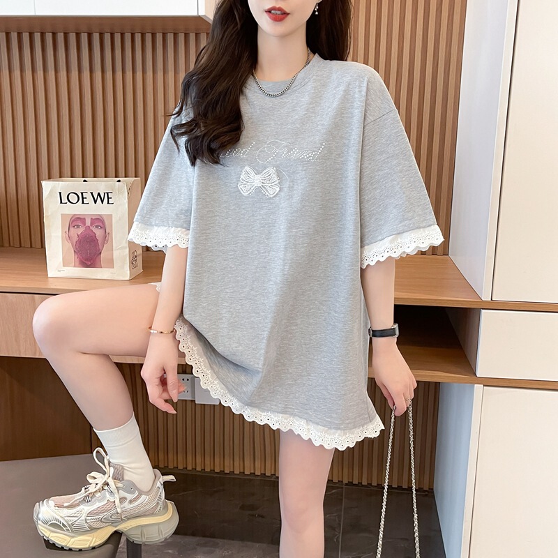 Korean-Style Lace Splicing Faux Two-Piece Pure Cotton T-Shirt for Women, Trendy Heavy-Duty Rhinestone Design, Loose and Slimming Top
