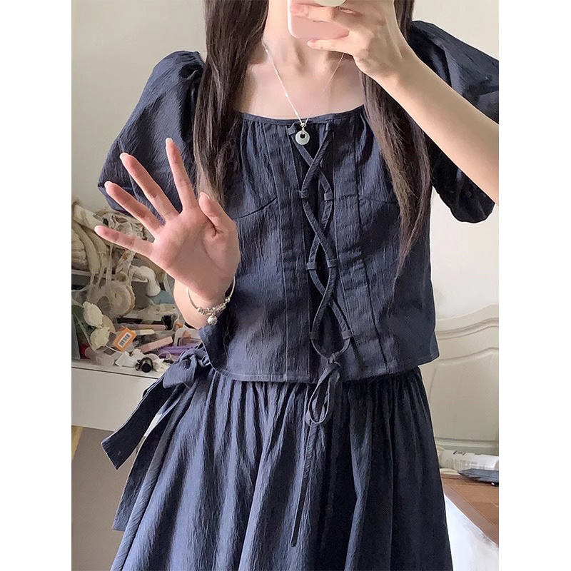 ストリート系ネットセレブの小柄な女性向けパフスリーブトップスとデニムスカートのセット、甘辛ツーピーススーツ|undefined