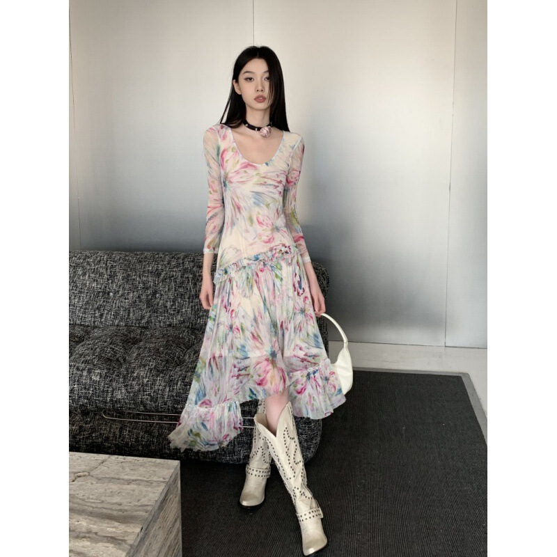 Real shot in stock multi-level mesh printing dress