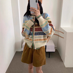 费尔岛复古撞色提花毛衣女2025新款外套高级感针织开衫短款上衣秋