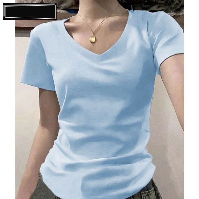 春夏の女性向けの新しい純綿右肩Vネック半袖Tシャツ、スリムで万能なアメリカンスリムトップ、インナーレイヤリングシャツ|undefined