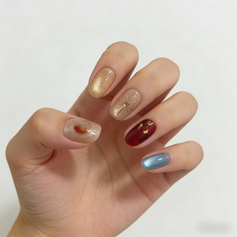 Three-Dimensional Resin Amber Leopard Print Wearable Nails, Short Oval Gilt Cat Eye Manicure, Popular Autumn and Winter Atmosphere, Purely Handmade