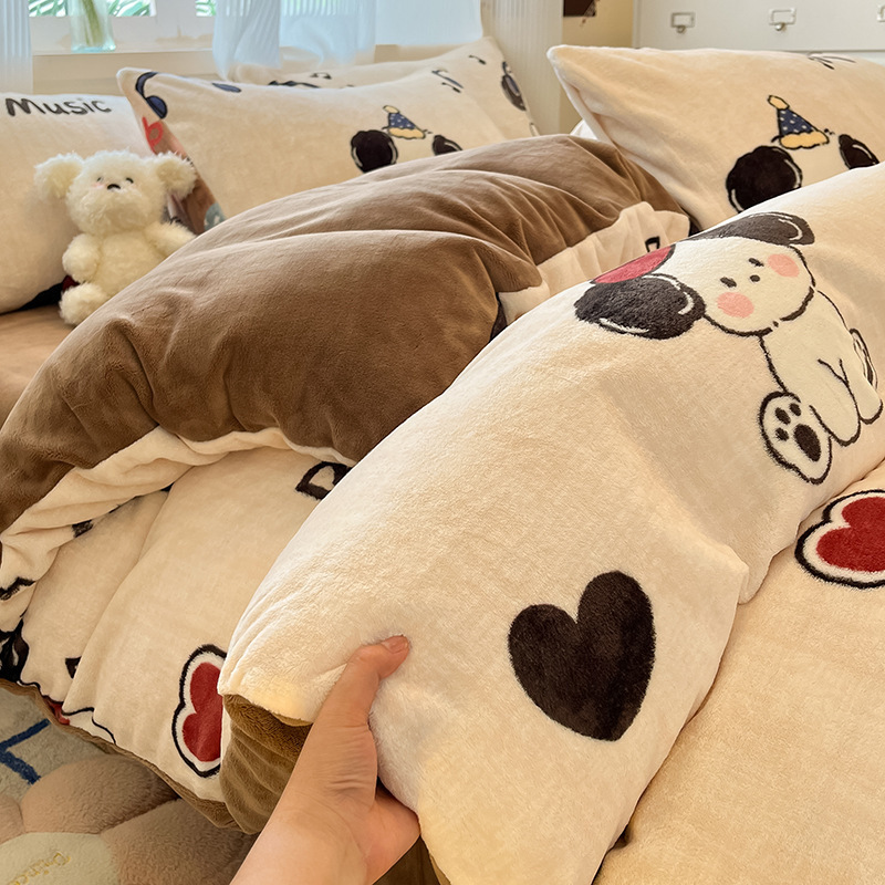 ミルクベルベットキルトカバーシングルピース150X200x230冬プラスベルベットキルトカバーコーラルベルベットフランネル寝具4点セット|undefined