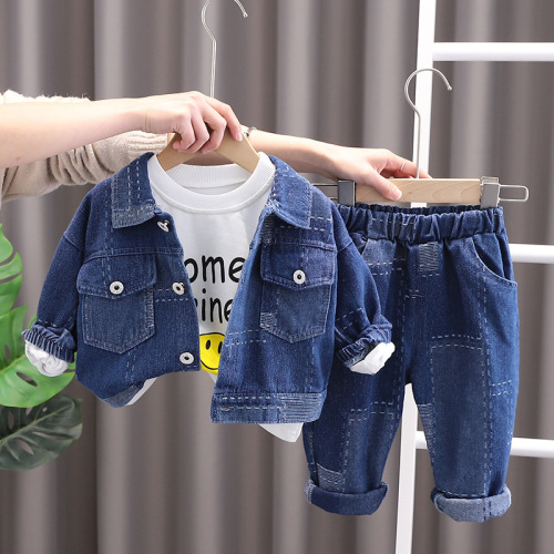 2024 Spring and Autumn Fashionable Boys Suit Block Denim Jacket Spring Three-piece Suit Boy Boy Handsome Trendy Children's Clothing