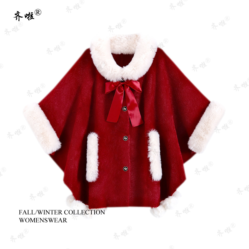 New Year and Christmas Red Faux Mink Fur Batwing Cape Shawl with Knitted Fur Collar, Cute and Youthful Woolen Coat for Women