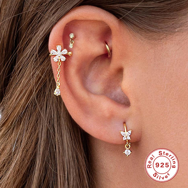 3g Weight Zircon Inlay Material Ear Studs Classification 1 Piece Ear Cartilage Rings & Studs Fashion Geometric 925 Sterling Silver Inlay Zircon