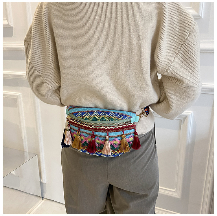 Venda quente pequeno peito perfumado tecido estilo étnico cor contrastante borla nova fita cintura bolsa crossbody tendência_voghion.com