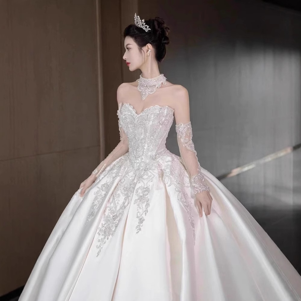 Satin Wedding Dress Bridal 2025 New Main Yarn High-end Texture French Retro Tube Top Out Yarn for Small Men Light Yarn