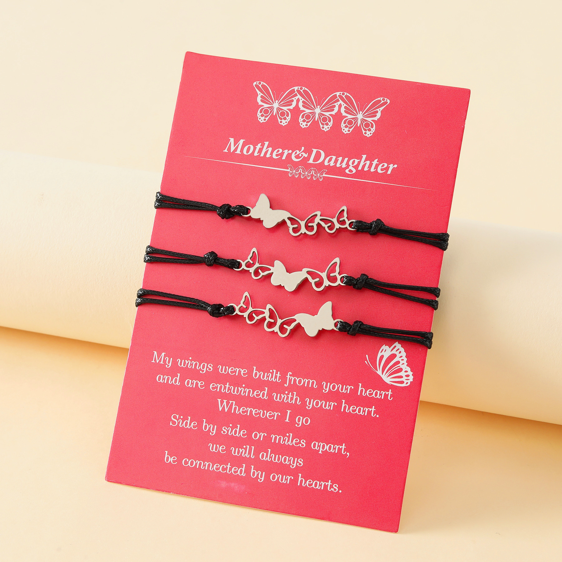 10g Weight Bracelets Classification Mama Simple Style Butterfly Stainless Steel Rope Hollow Out Bracelets 3 Piece Set