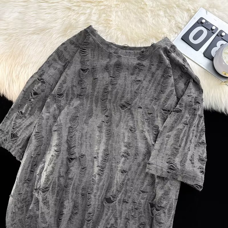 Herr t-shirt med revor och sliten look trendig lös passform_voghion.com