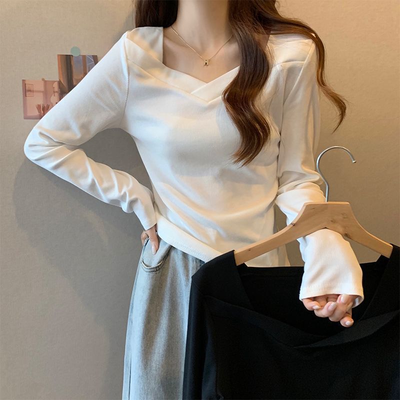 Derong V Neck Bottoming Shirt for Women 2025 New Autumn and Winter Design Long-Sleeved T-Shirt Slim Top for Women to Wear Outside