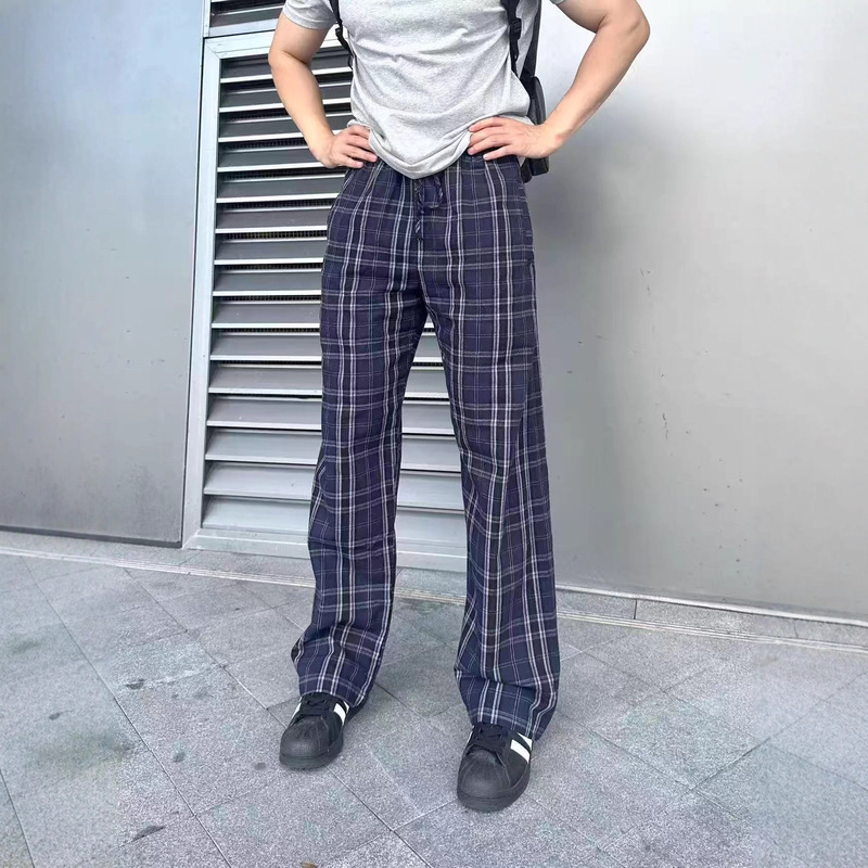 Yyj Paris Flannel Plaid Washed Brushed Laser Alignment Embroider Loose Men's and Women's Casual Pants