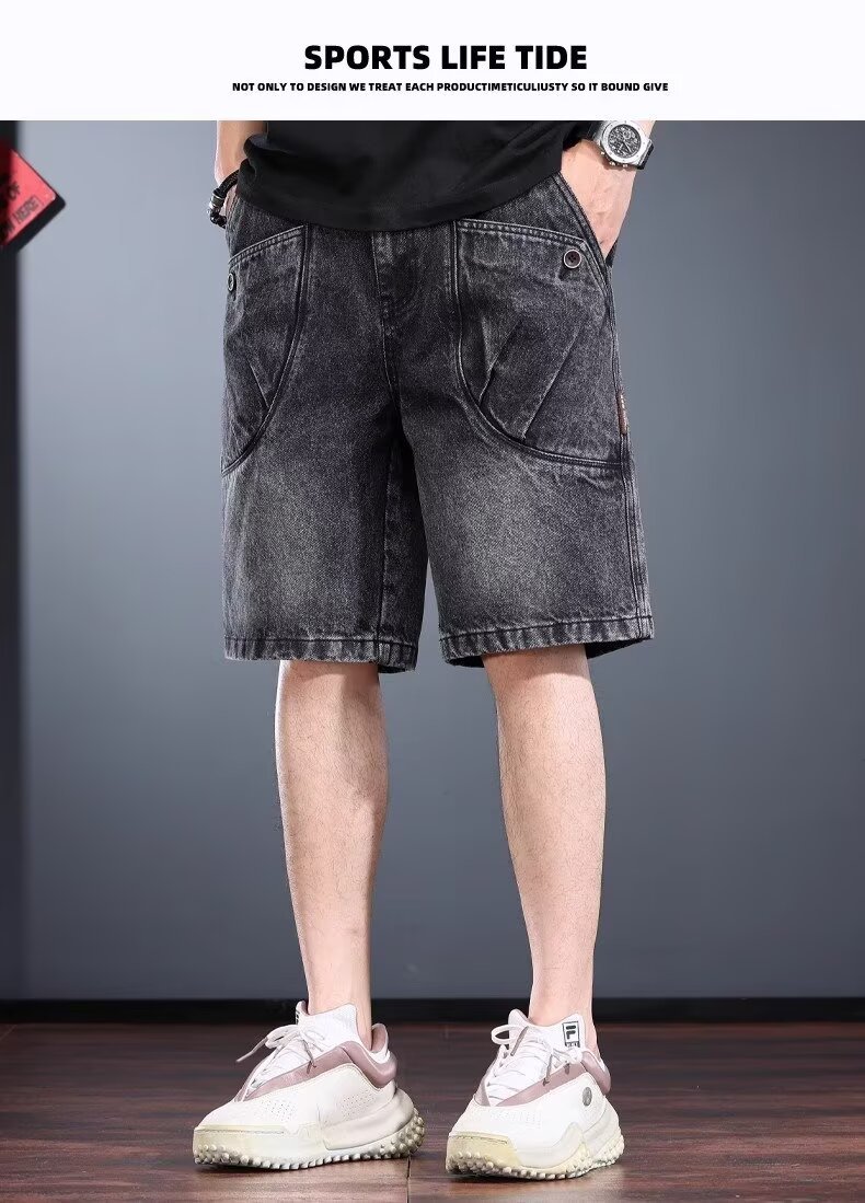 Men's Washed Denim Cargo Shorts Loose Fit Retro Streetwear Style_voghion.com