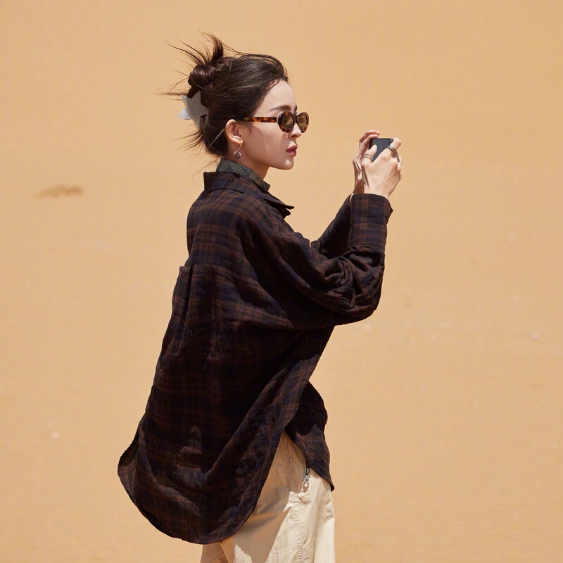 Coffee Plaid Washed Micro Pleated Distressed Large Silhouette Simple Retro Lazy Bat Sleeve Shirt for Women Early Spring