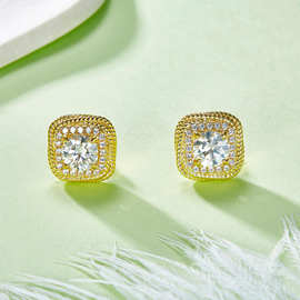 S925银镀18K黄金扭绳方小方糖圆形莫桑钻耳钉1.0CT/粒
