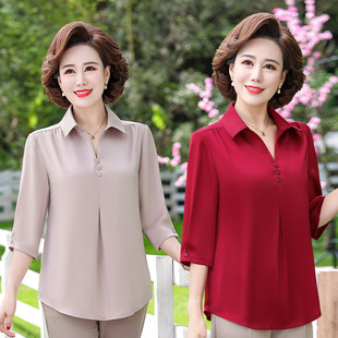 Quarter-Sleeved Mother's Summer Solid Color Blouse, Fashionable Middle-Aged and Elderly Women's Mid-Sleeve Loose Pullover Shirt Women's Top