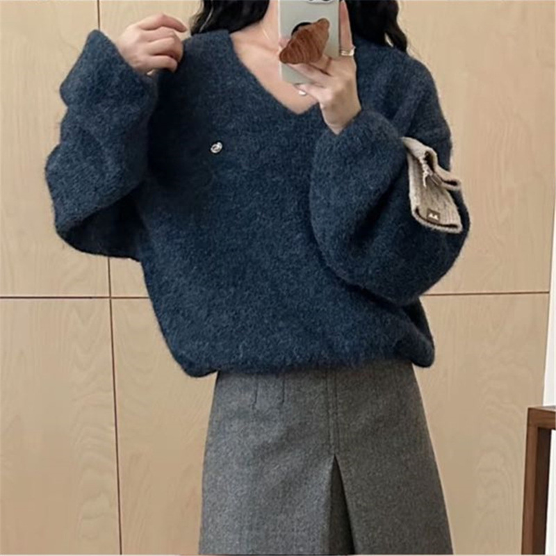 初秋宽松毛绒绒慵懒风V领韩系温柔简约休闲长袖套头打底衫毛衣女|undefined