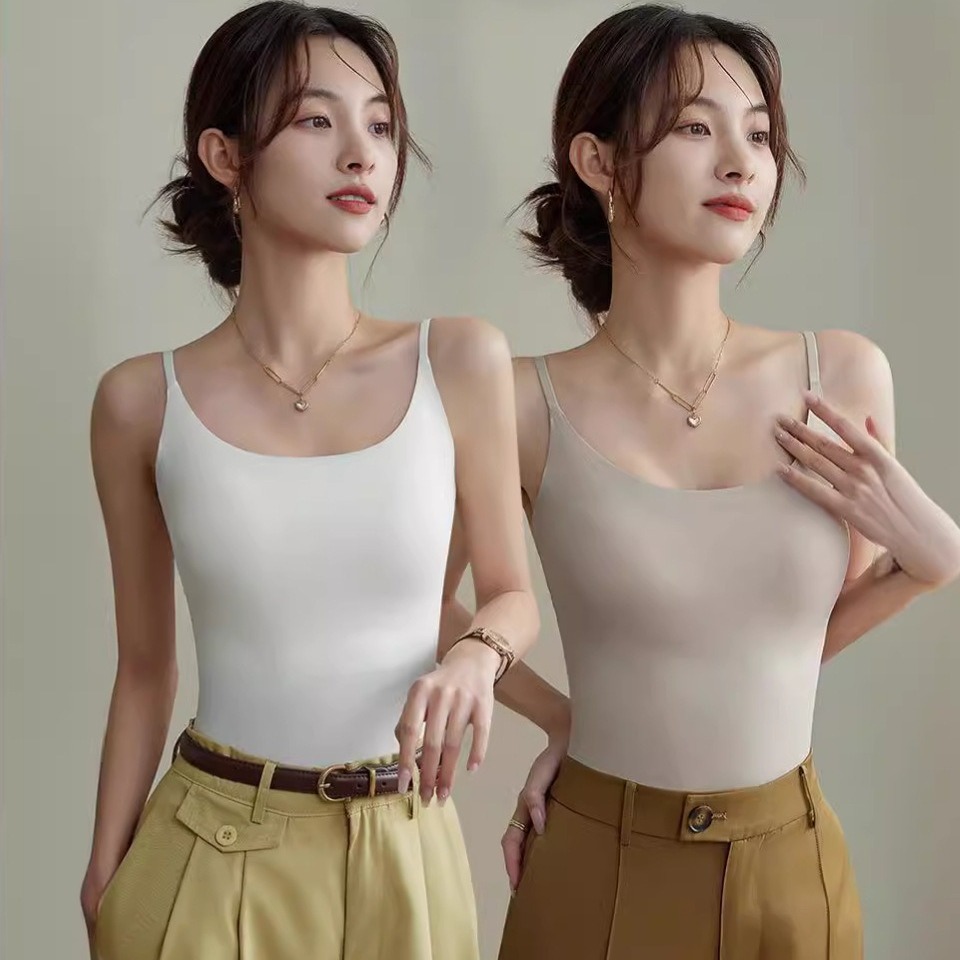 6631冰丝吊带背心女无痕带胸垫内搭显瘦打底外穿长款上衣薄款美背