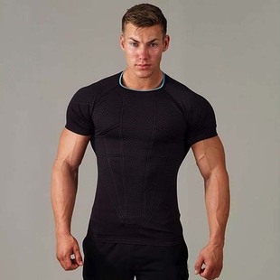 Cross-Border Summer New Style Muscle-Revealing Men's Sports Fitness T-Shirt Seamless Knit Quick-Drying Men's Fitness Training High Elasticity