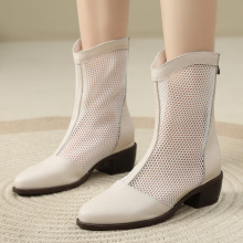 春夏新款真皮网面透气马丁靴女牛皮白色镂空网纱网靴大码凉靴子