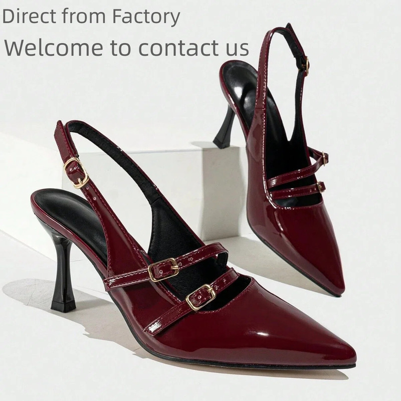 Spring New Pointed-Toe Burgundy Thin-Strap High Heels Versatile Kitten Heel Socialite Mules One-Strap High-Heeled Sandals Spring New Pointed-Toe Burgundy Thin-Strap High Heels Versatile Kitten Heel Socialite Mules One-Strap High-Heeled Sandals